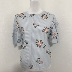 Lee Cooper Women’s Pinstriped Floral Bell Sleeves Size Medium Button Back Neck